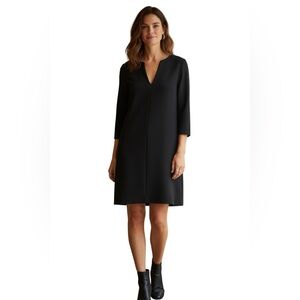 Tibi Black Crepe Split V Neck Back Silver Zipper Detail 3/4 Sleeve Dress Size 6